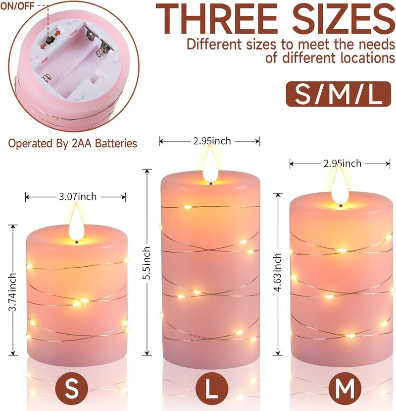 Da by Flameless Candles with String Lights，Battery Operated Candles,LED Flickering Candles with Remote Control and Timer, Real Wax, 3 Pack-Pink - Image 5